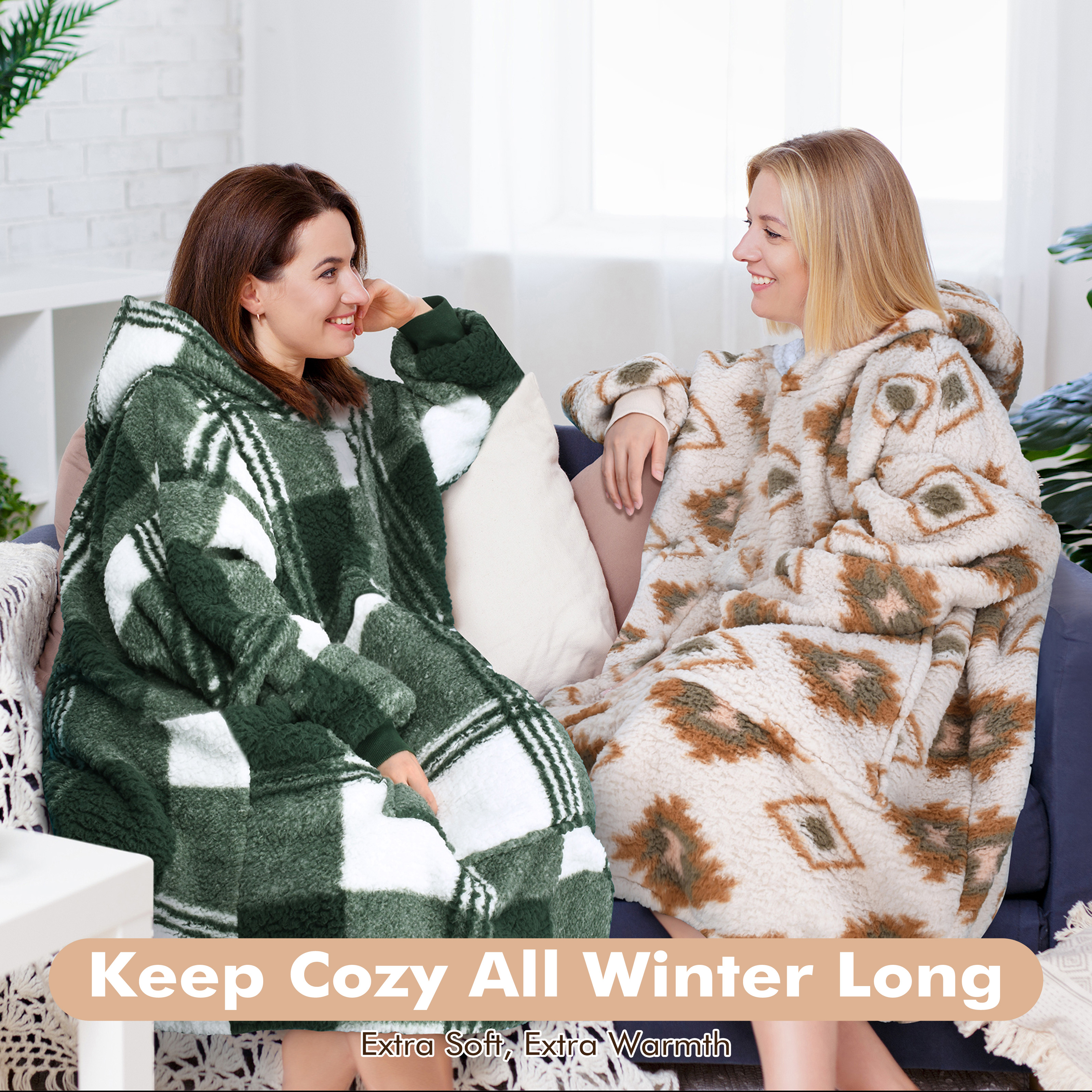 Tirrinia Oversized Blanket Hoodie, Wearable Fluffy Sherpa Blanket, Cozy Sweatshirt Blanket Gift for Adult Women Men Girlfriend, Black Plaid