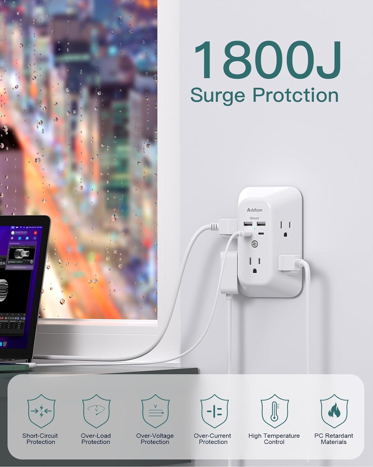 JJEAN-2 Pack Surge Protector Outlet Extender - 5-Outlet Splitter with 4 USB Wall Charger(2 USB-C Ports), Multi Plug Outlet Power Strip for Home, Dorm Room Essentials