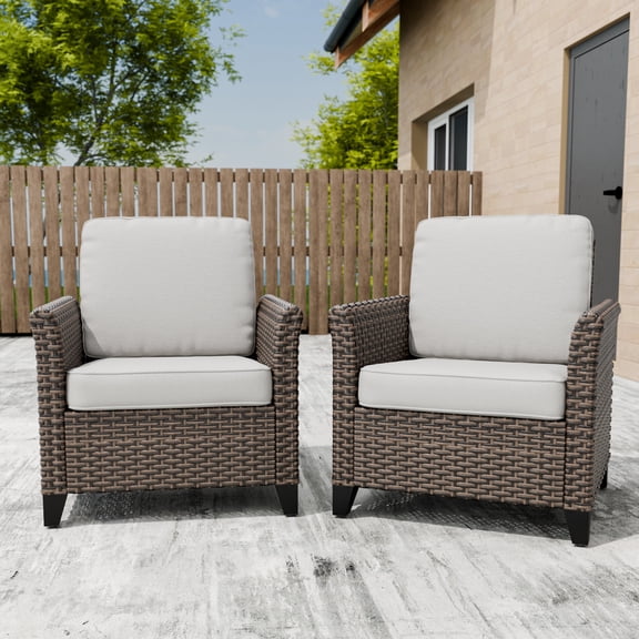 COOS BAY Harbor Retreat Mix Brown Rattan Wicker Outdoor Patio Dining Chairs with Curved Armrest, Beige Cushions, Set of 2