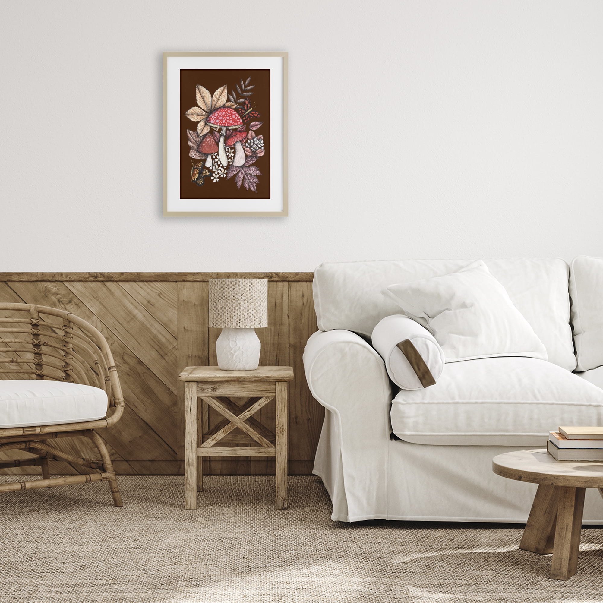 Autumnal Mushrooms Magic Birch Framed Print Under Glass, design by Cecilia Battaini