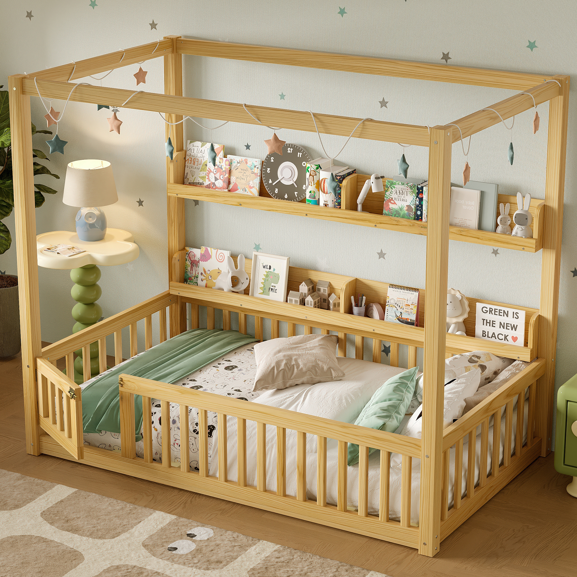 Mintazer Twin Floor Canopy Bed with 4 Shelves & Guardrails, Wood Montessori Floor Bed Frame for Kids, Boys, Girls, No Spring Box Needed, Natural