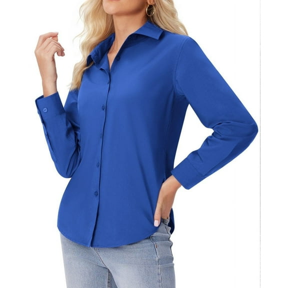 Siliteelon Button Down Shirts for Women Long Sleeve Shirts Wrinkle Free Blue Formal Work Office Blouses Tops Dress Shirts Regular Fit