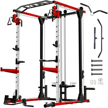 GYMWORTH Power Cage with Cable Crossover System - 2000LBS Power Rack with LAT Pulldown Cable Pulley System, Multi-Function Squat Rack with Full Body Strength Training Attachments for Home Gym