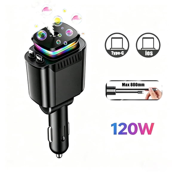 Multifunctional 5-in-1 Car Charger Adapter 120W Fast Charge with Retractable Cables, Aroma & Light for iPhone Android