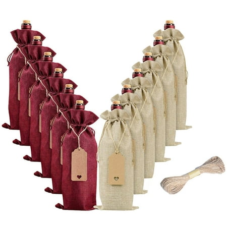

12 Pcs Burlap Wine Bags Wine Gift Bags Wine Bottle Bags with Drawstrings Tags & Ropes Reusable Wine Bottle Covers