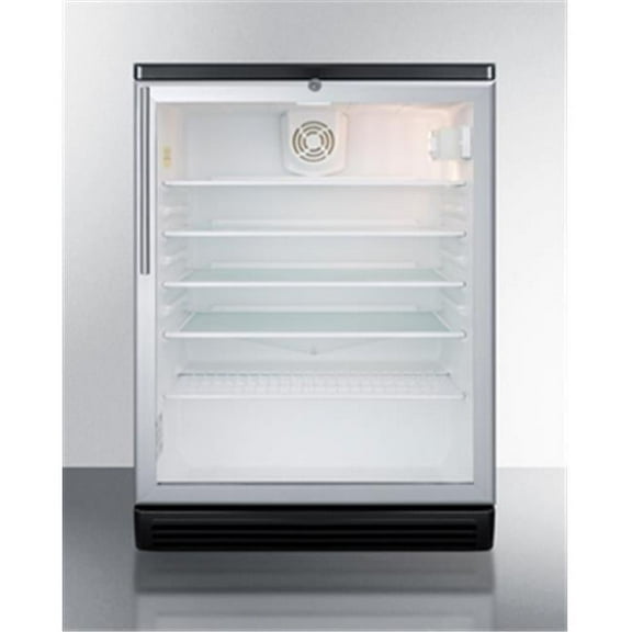 Commercially listed 5.5 cu.ft. built-in undercounter beverage center in a 24" footprint, with black cabinet, glass door, stainless steel handle, and lock