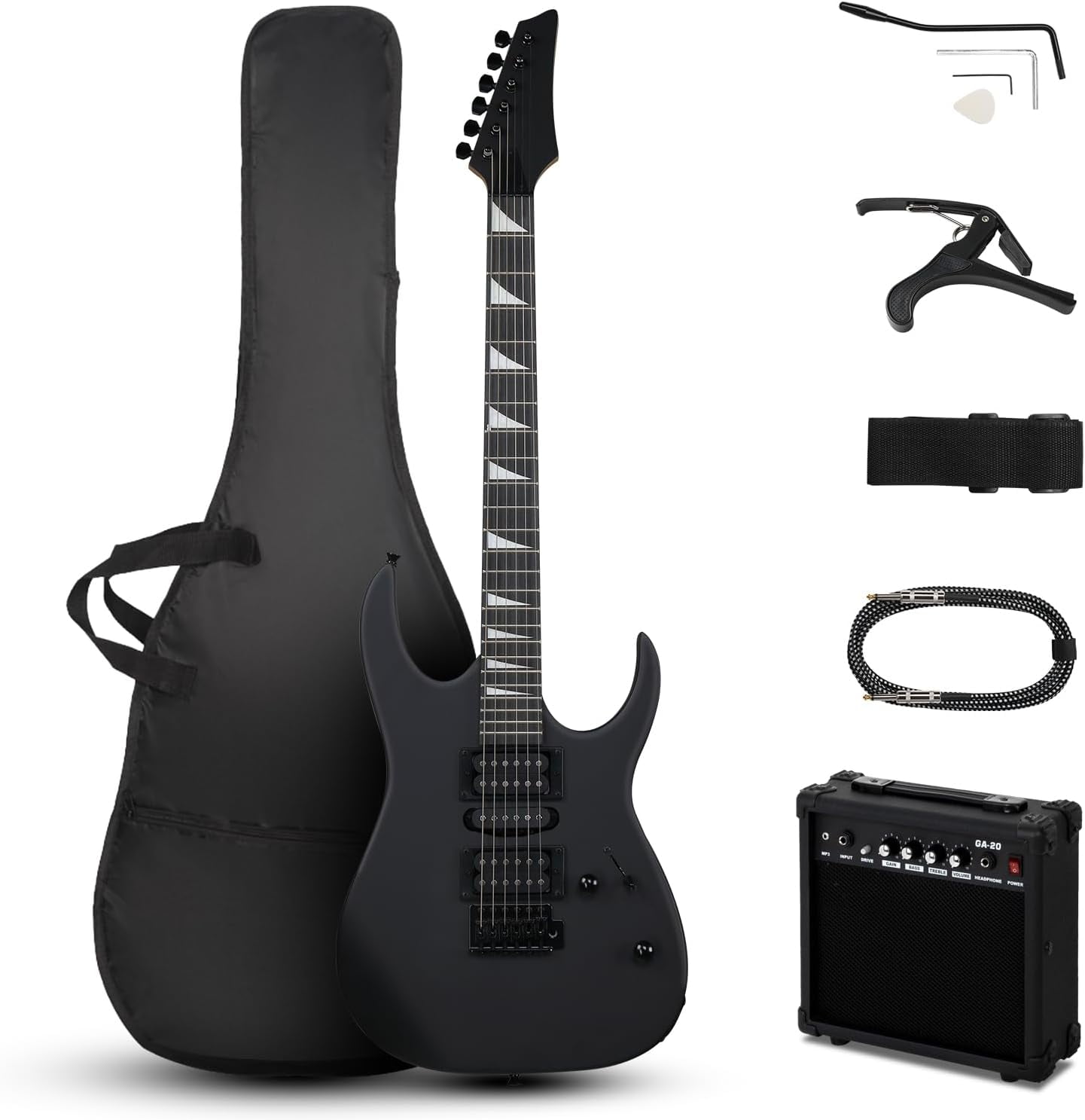 HarmonyStrings 39" Electric Guitar with 20Watt Amp, Full Size 170 Model Starter Guitar Kit for Beginners & Professionals W/Bag, Strap, Upgrade Cable, Guitar Capo, Tremolo Arm Black