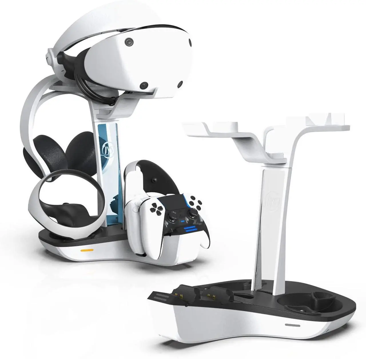 4-in-1 Controller Charging Station for PSVR2 and PS5, Dual Charging Dock with VR Headset Display Holder and Headphone Rack, LED Indicator, Charging Cable, RGB Lights, 3 Magnetic Connector
