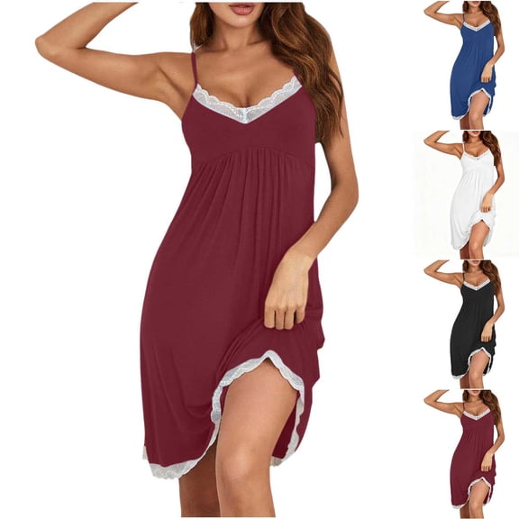 dazeni Womens Lace Trim Sleep Dress Spaghetti Straps Nightgown Soft V Neck Cami Dress Lightweight Loungewear Housewear Black XL