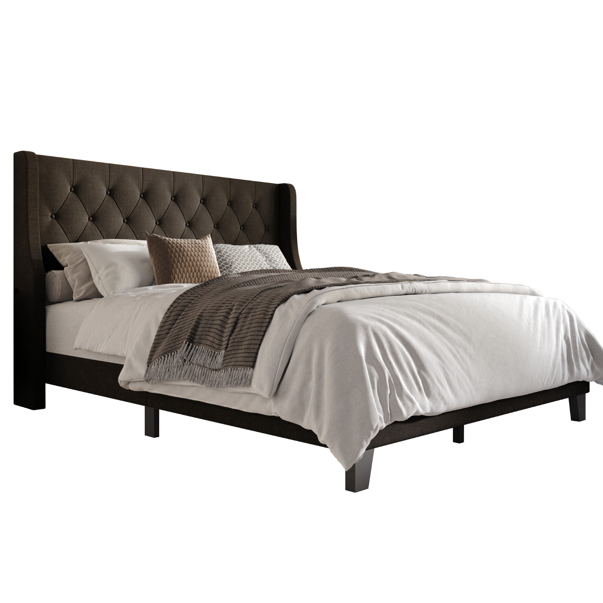 Home Design Medford Full Tufted Upholstered Panel Bed with Wingback Headboard and Button Tufting, Dark Brown, Easy Assembly