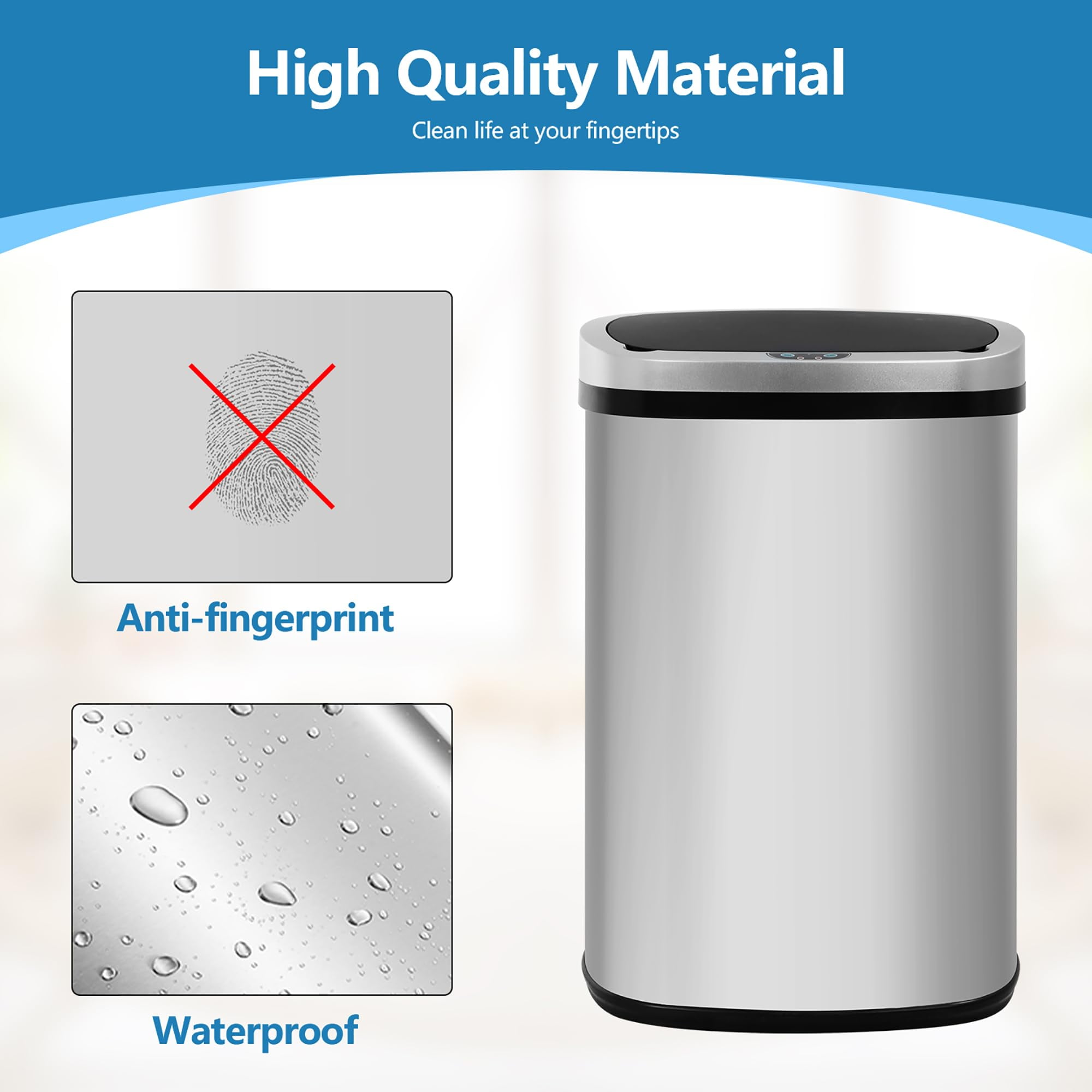 YRLLENSDAN Kitchen Tall Trash Can 13 Gallon Size Touchless Trash Can Motion Sensor Trash Can with Lid Odor-free Automatic Garbage Can 13 Gallon Waterproof Stainless Steel Trash Bin, Silver