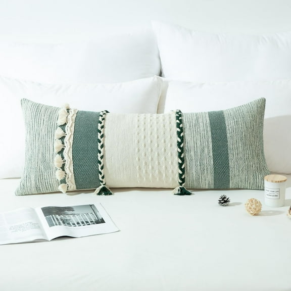 Boho Throw Pillow Cover Green 14x36 Inches, Handmade Long Body Accent Pillow Case for Bed Home Decor, Farmhouse Tassel Textured Lumbar Pillowcase for Bedside