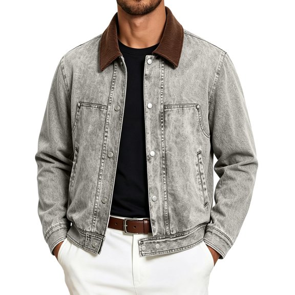 EANJE Men's Vintage Washed Trucker Jacket Casual Contrast Corduroy Collar Button Down Work Jacket with Pockets for Street Daily Outfit Coffee M
