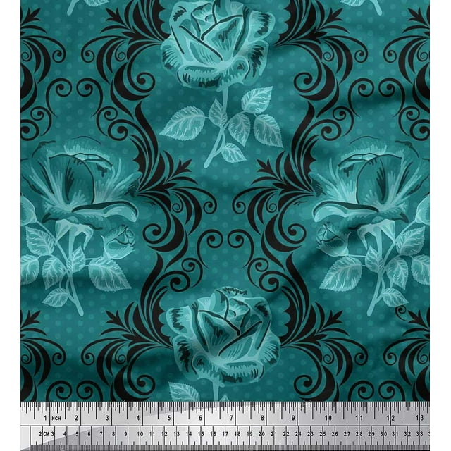 Soimoi Moss Georgette Fabric Dot,Damask & Rose Flower Printed Fabric 1 Yard 42 Inch Wide
