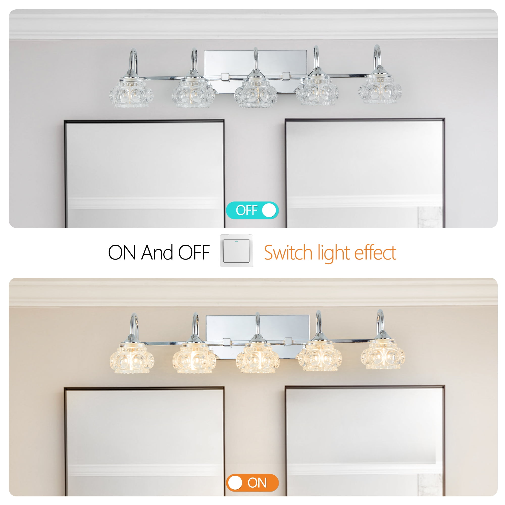 5-Light Bathroom Light Fixtures, Nickel Modern Bathroom 29.1in Vanity Lights with Flower Glass Shade, Bathroom Wall Lamp for Mirror Cabinet Porch, E12