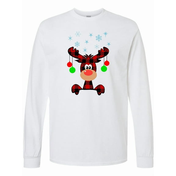 Inktastic Cute Flannel Reindeer with Christmas Bulbs and Snowflakes Long Sleeve T-Shirt