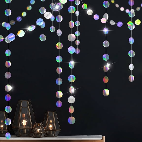 Iridescent Circle Garland Hanging Streamers - Holographic Disco Party Decor for Bachelorette, Euphoria Theme, Birthday, Graduation & New Year Backdrop