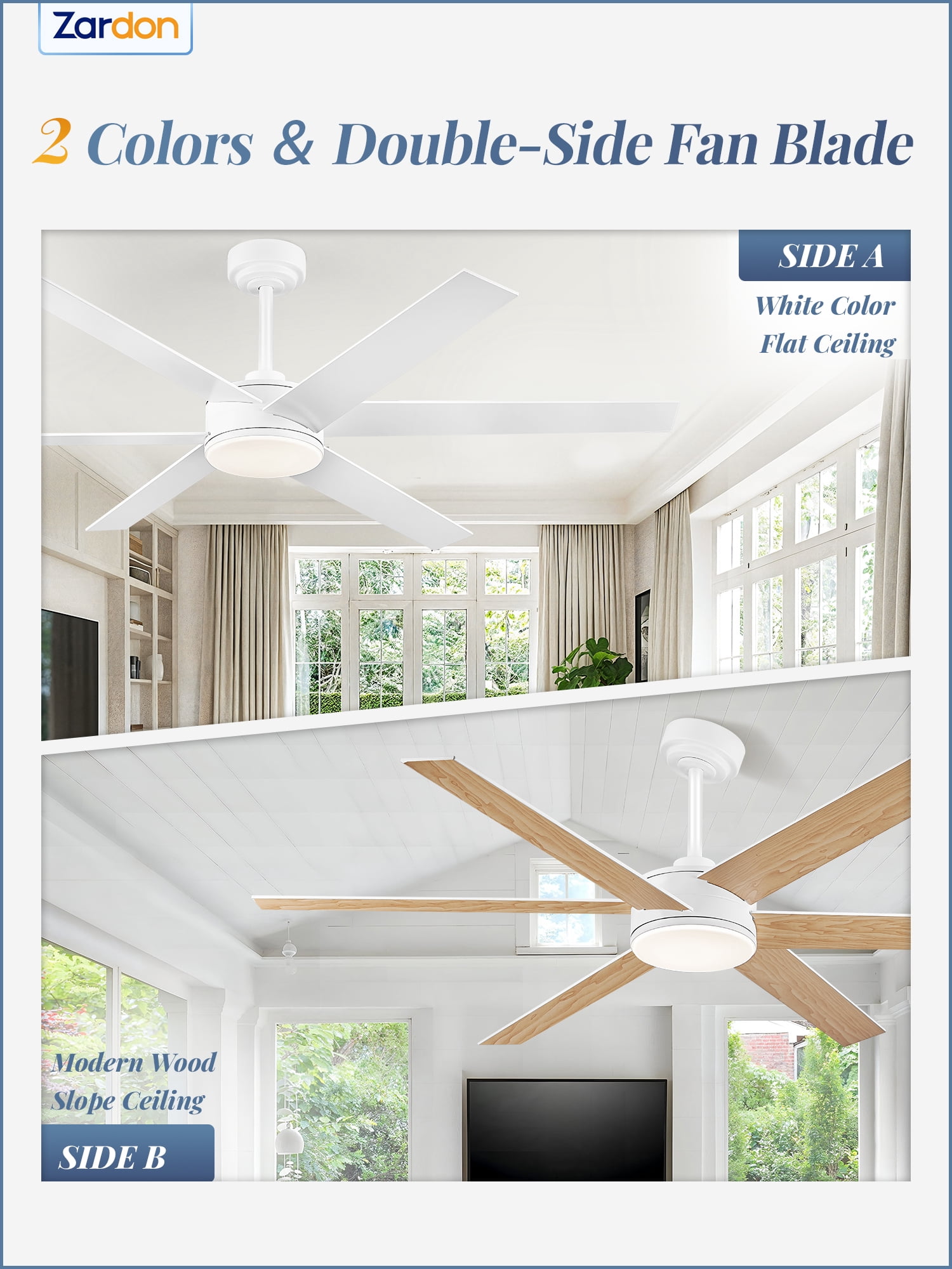 Zardon 60in Ceiling Fans with Light and Remote Control, Flush Mount Ceiling Fans with 6 Speeds Reversible, for Indoor, Outdoor, White