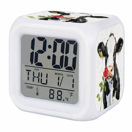 Black White Cow Digital Alarm Clock for Bedrooms,Smart LED Alarm Clock with 7 Color Night Light,Spring Farmhouse Animals Printed Red Floral Silent Wake Up Clocks for Sleep Study Cooking 3.2x3.2