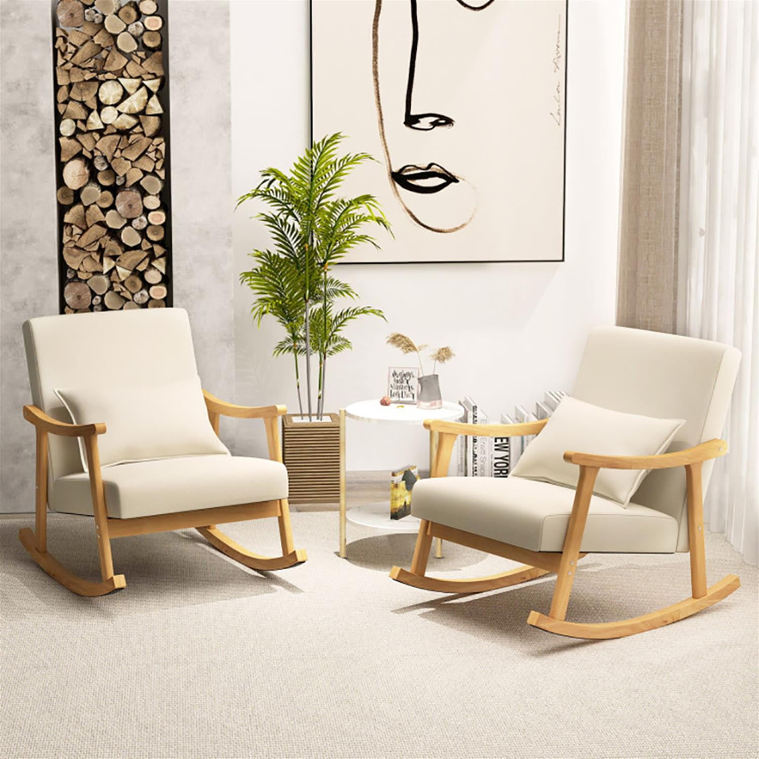 Demi Bonn Upholstered Rocking Chair, Accent Chair with Pillow and Rubber Wood Frame, Suitable for Home, Living Room and Bedroom, Beige