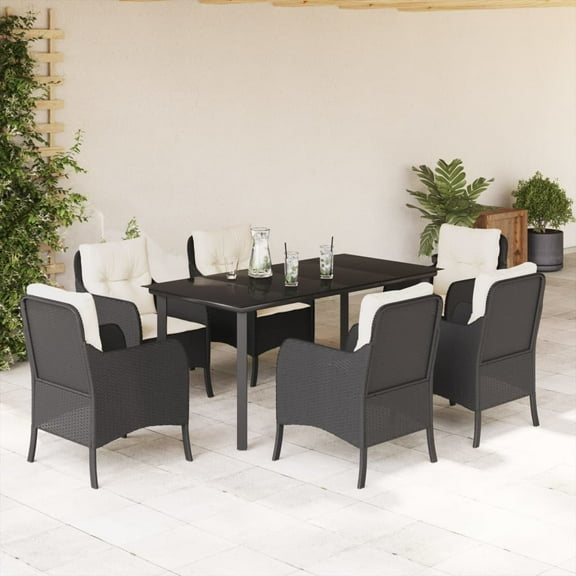 vidaXL 7 Piece Patio Dining Set with Cushions Black Poly Rattan