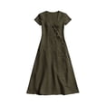 thumbnail image 4 of Women's Cotton Linen Midi Dress Summer Short Sleeve V‑Neck Asymmetrical Button Casual Dress with Side Pockets Army Green XXL(XXL), 4 of 6