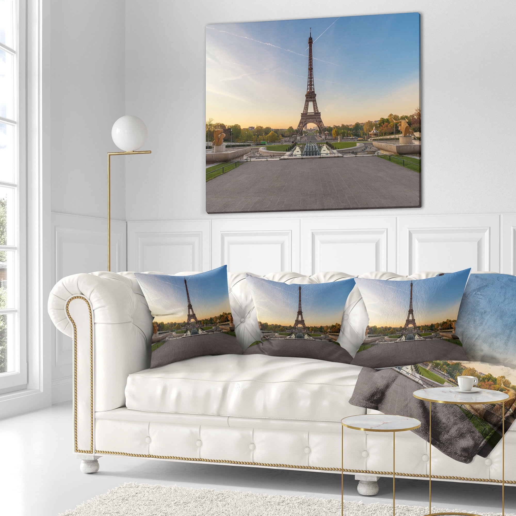 Designart Wide View of Paris Paris Eiffel Towerat Sunrise - Cityscape Throw Pillow - 16x16