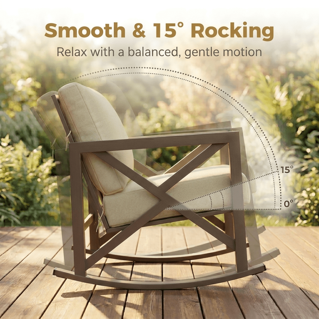 UDPATIO 3-Piece Metal Patio Rocking Chair Set, Heavy Duty 350 lbs Capacity Outdoor Bistro Furniture Set with 2 Rockers, Thick Cushions and Coffee Table for Porch, Rust-Resistant, Beige
