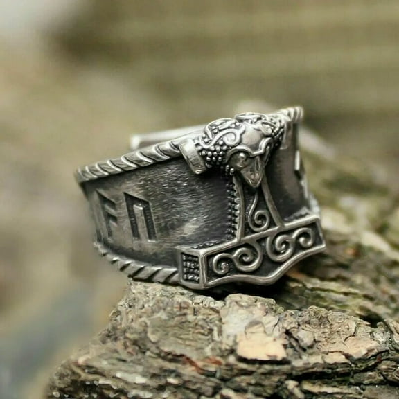 GKNET Mens Stainless Steel Nordic Viking Thors Hammer Rune Mjolnir Ring Adjustable-default