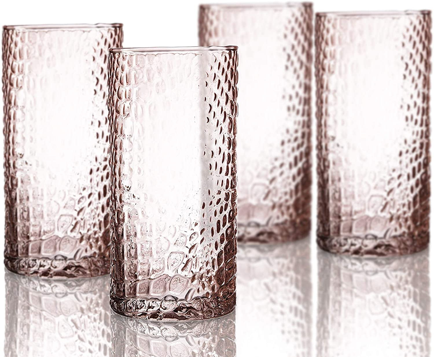 Elle Decor Glass Water Cups, Set Of 4, Vintage Ribbed Stackable