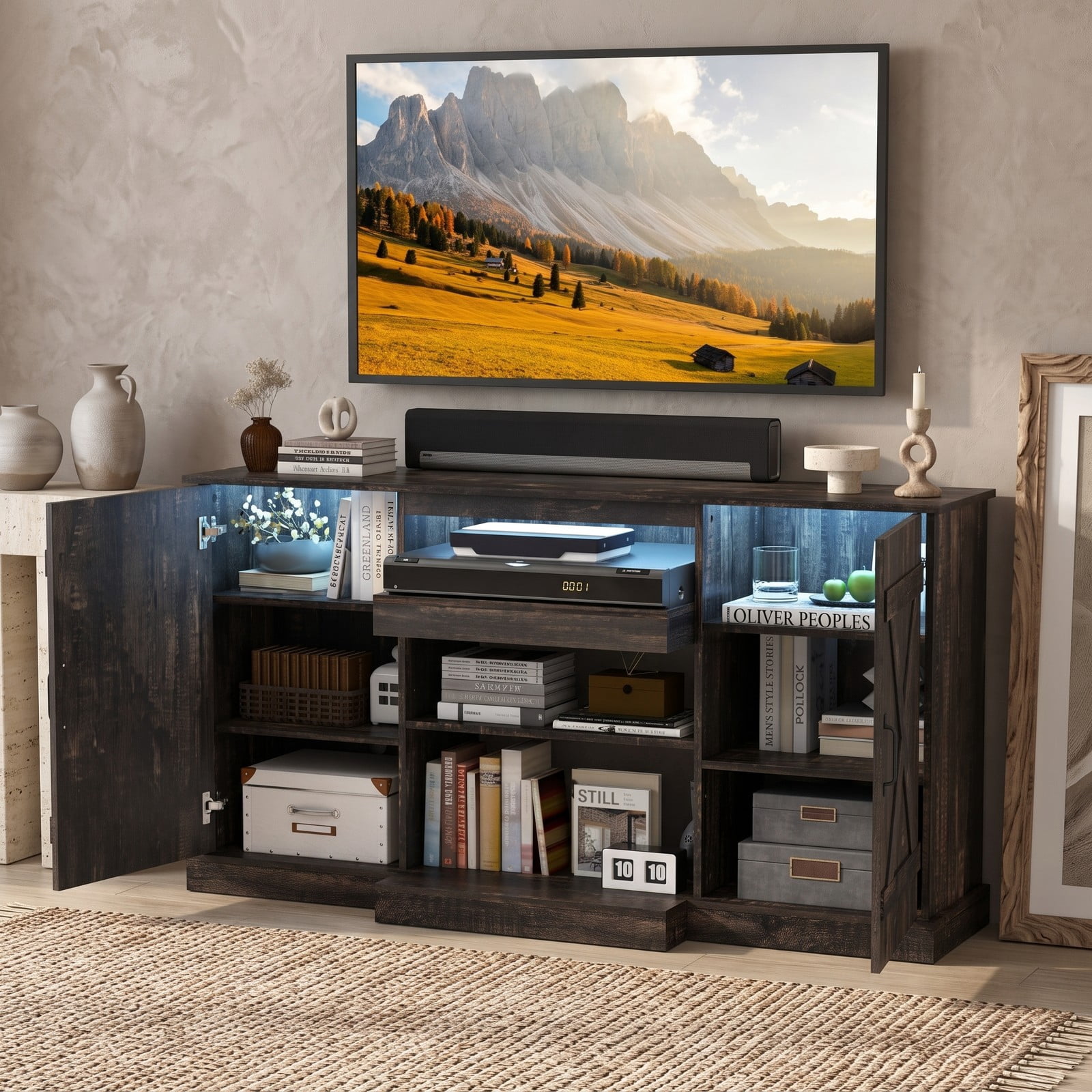 Furnibear 58 Inch Fireplace TV Stand for TVs up to 65 Inch, Rustic Wood Grain Entertainment Center with 20 Color LED Lights, Adjustable Shelves and 2 Cabinets, Brown