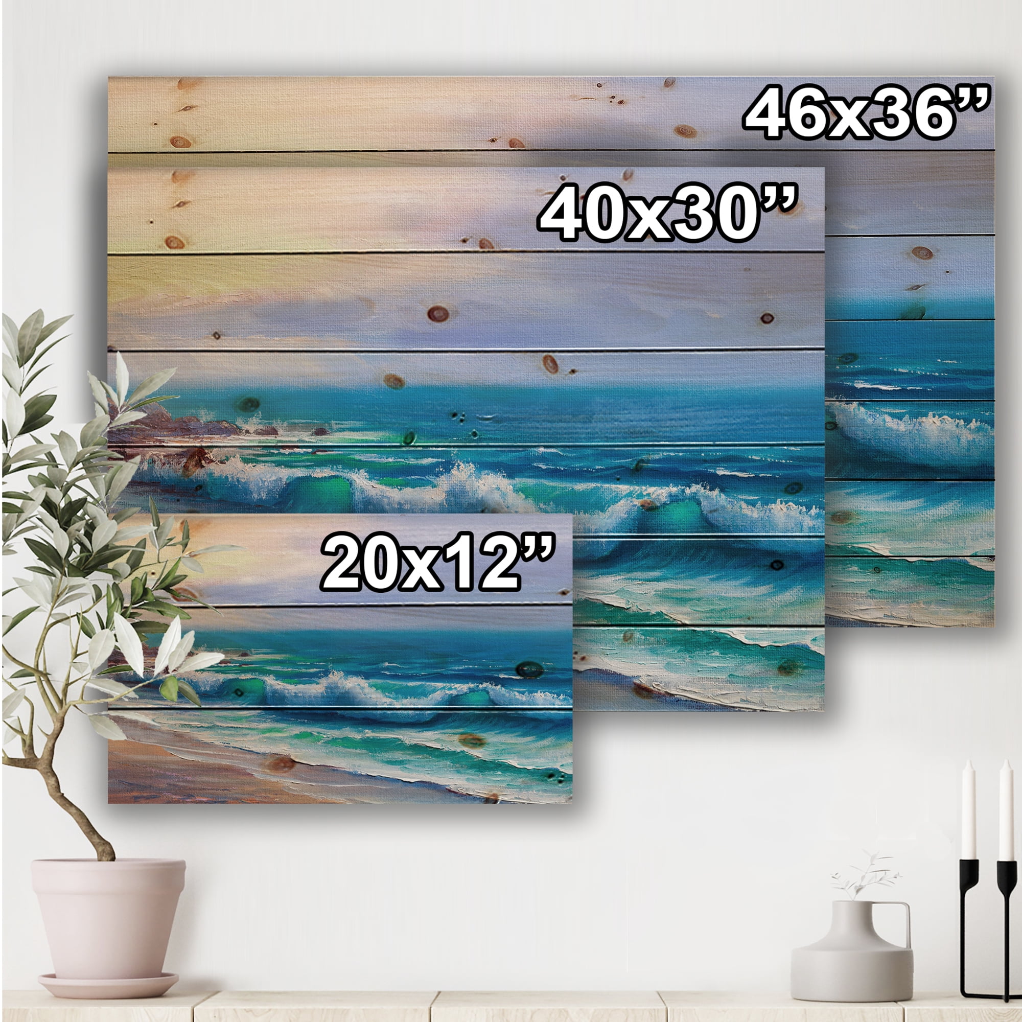 Designart 'Sunshine Reflecting Throug Braking Sea Waves VI' Coastal Print on Natural Pine Wood