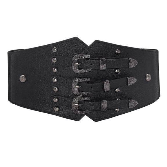 IQOGKRN Women's Retro Wide Elastic Waist Belt with Triple Buckles Stretchy Corset-Style Sash for Dresses Coat Black One Size