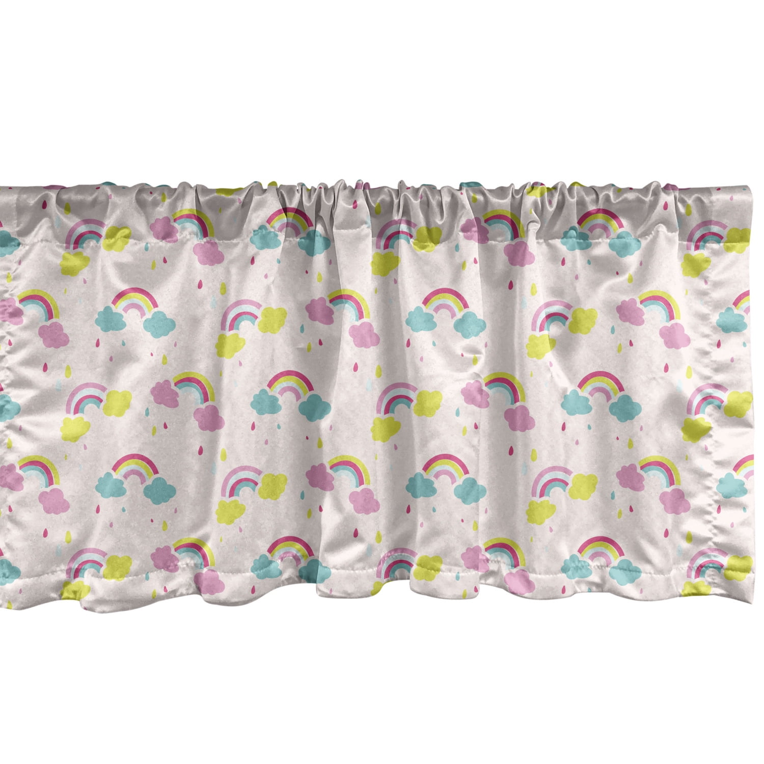 Ambesonne Children Window Valance, Pastel Rainbows Clouds Raindrops