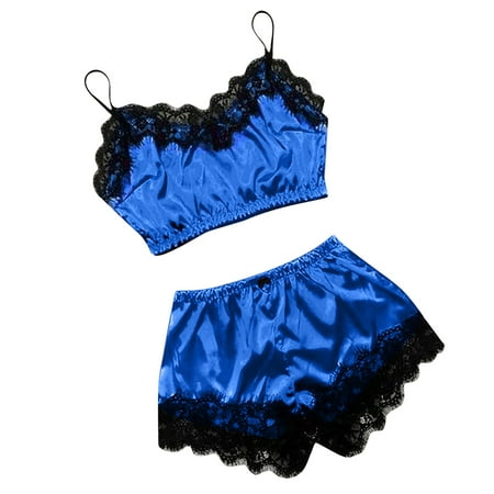 

Inkach Women V-Neck Eyelash Lace Stain Camisole Pajamas Bowknot Shorts Set