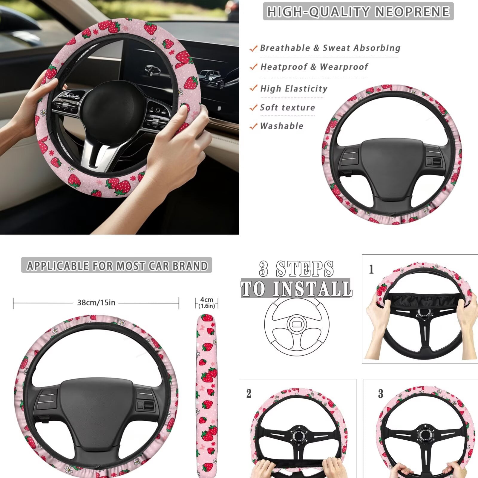 Jeiento Cute 13 Piece Car Seat Cover Set with Steering Wheel Cover Seatbelt Strap Pad Armrest Pad Cup Coasters Key Chain Pink Strawberry Automobile Interior Sets Fit for Van Truck SUV Sedan