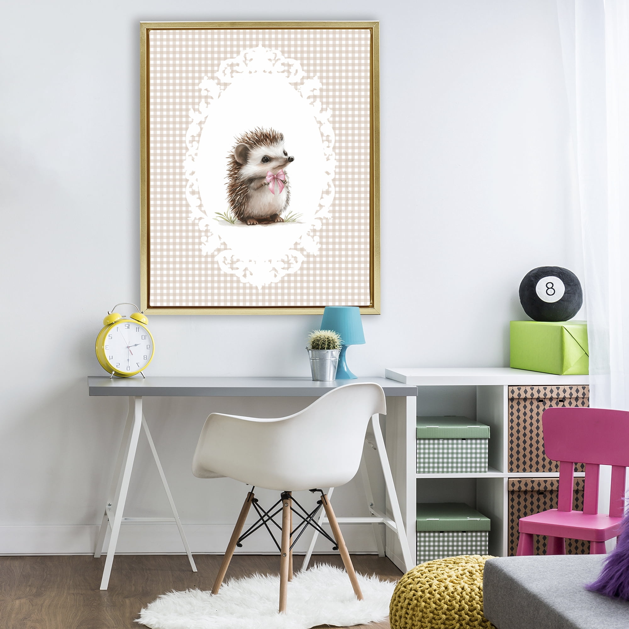 Stupell Industries Vintage Bow Hedgehog on Gingham Gold Framed Floater Canvas Wall Art, design by Christine Simpson Art