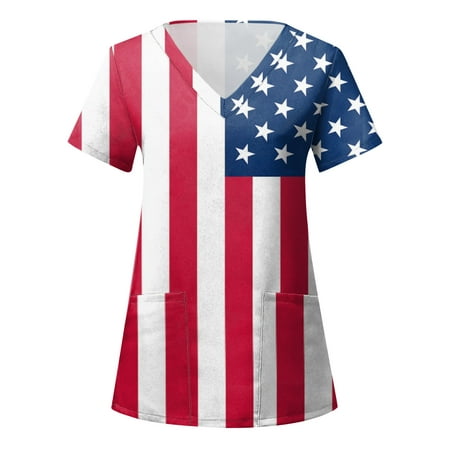

4th Of July American Flag Tops Scrubs For Women Tops Stretchy Print Daily Summer Shirts O Neck Tank Print Blouse Short Sleeve Loose Caring Workwear Blouse With Pocket Women s Working Uniform Nursing