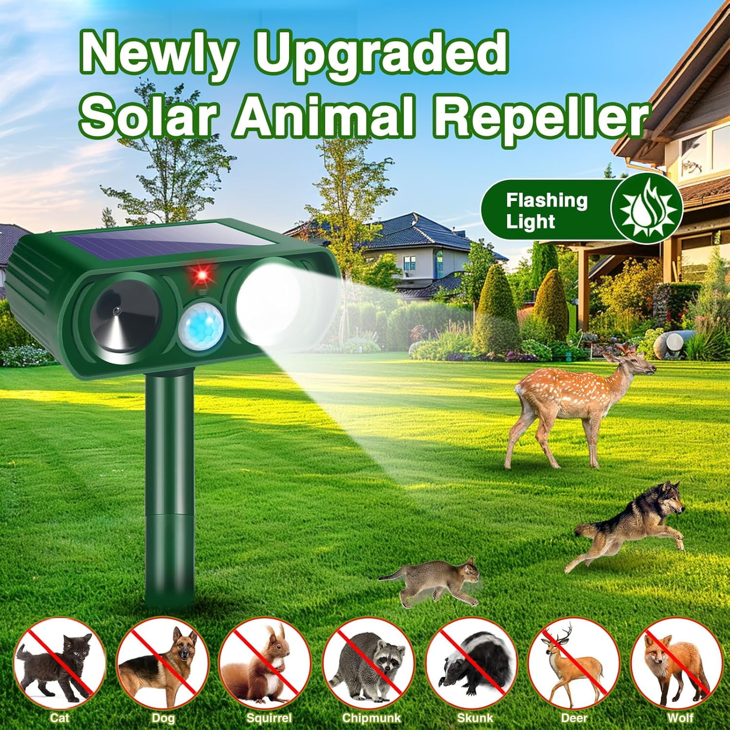 4-Pack Solar Ultrasonic Animal Repellent with Motion Sensor & Flashing Light, Outdoor Pest Deterrent for Deer, Cats, Rabbits, Squirrels, Raccoons - Protect Yard, Garden, Lawn