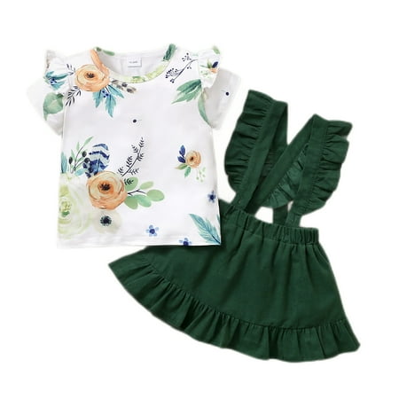 

Toddler Baby Girls Outfits Short Sleeve Floral Print Ruffle Sleeve T-shirt Top+ Straps Suspender Skirts 2PCS Outfits Set 2-3T Green
