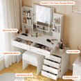 thumbnail image 4 of LED Lighted Mirror Vanity Desk – 6 Drawers, Glass Top, Shelves, Hidden Storage Stool, Power Outlet, Adjustable 3-Color Lighting – Modern Makeup Dressing Table for Bedroom – White, 4 of 7