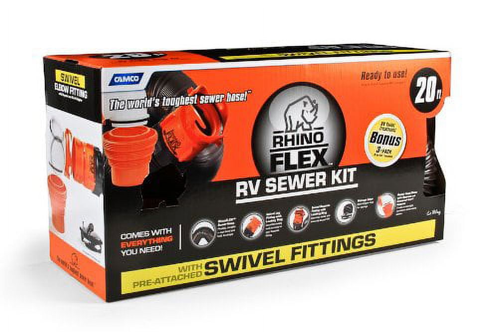 Camco 39741, 20' RhinoFLEX Hose Kit with Swivel Fitting, RV Sewer System Accessories