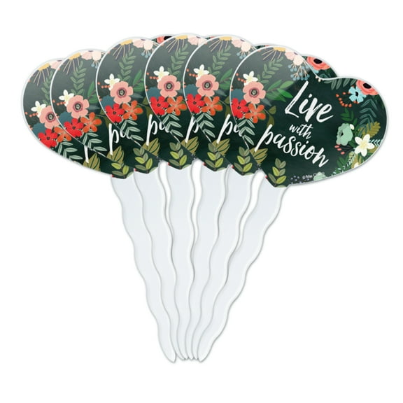 Live with Passion Floral Inspirational Heart Love Cupcake Picks Toppers Decoration Set of 6