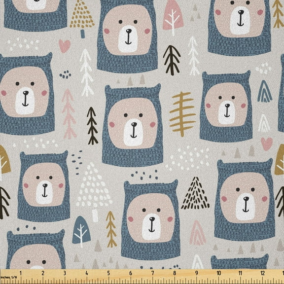 Ambesonne Cartoon Fabric by the Yard Microfiber, Bear Faces Pattern, 10 Yards, Rose Pale Coffee