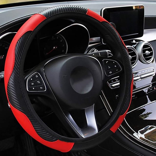 Funda para volante de coche de piel de fibra de carbono elástica de 37-38 cm (roja), antideslizante, transpirable, sin aro interior, talla universal