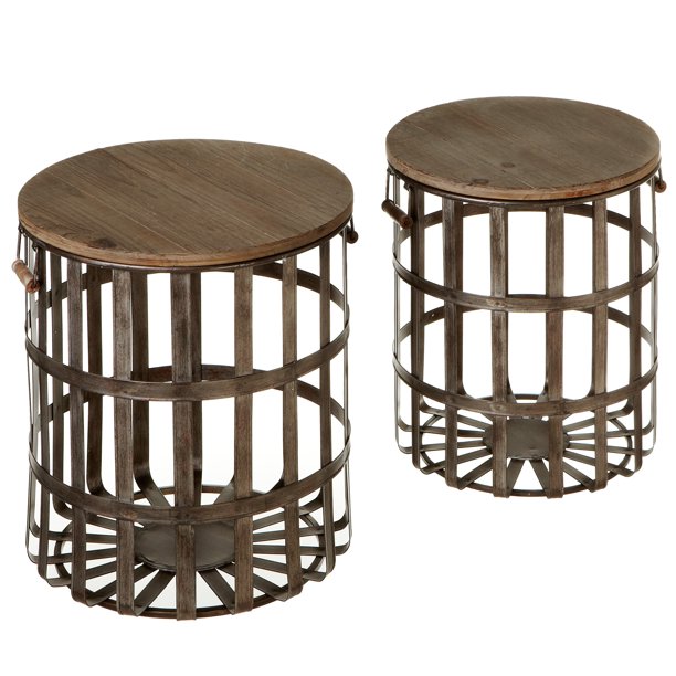 CBK Metal 2 Piece Set Woven Galvanized Storage Basket Side Table 158027