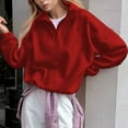 thumbnail image 2 of Fiaer Womens Sweatshirts Quarters Zip Pullovers V-Neck Long Sleeve Lapel Collared Solid Color Trendy Tops Red M, 2 of 5