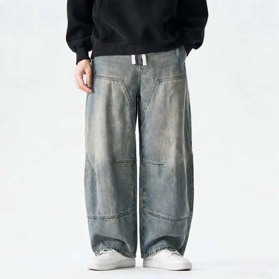 Aimik Men's Washed Wide Leg Denim Jeans Loose Baggy Straight Trousers Retro Streetwear Pants for Casual Fashion
