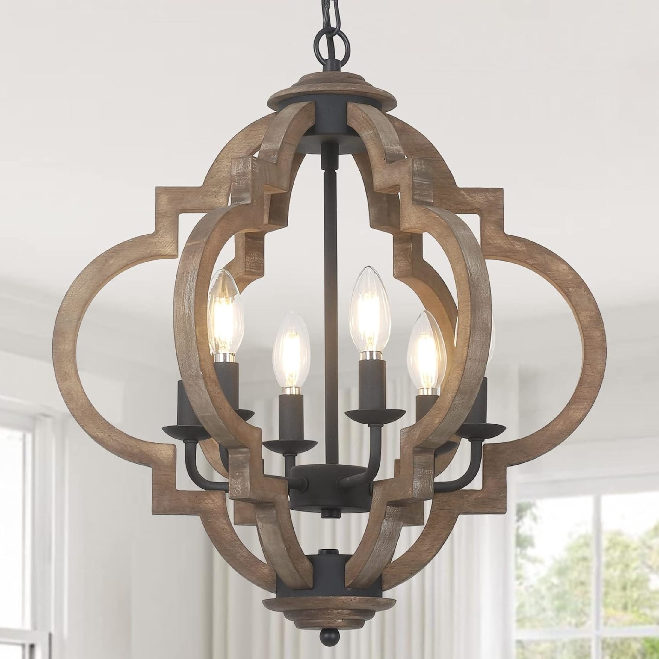 Noble House 6-Light Farmhouse Orb Chandelier, Adjustable Height, for Bedrooms Entryway Living Room, Wood