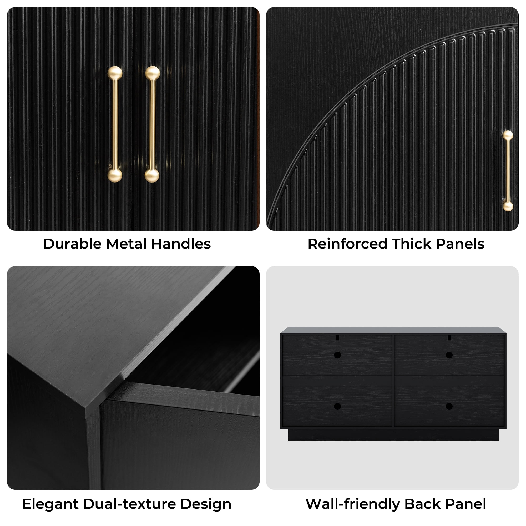 Mid-Century Fluted TV Stand with Storage Fits TVs up to 75", Entryway Console, Sideboard, Ebony Black
